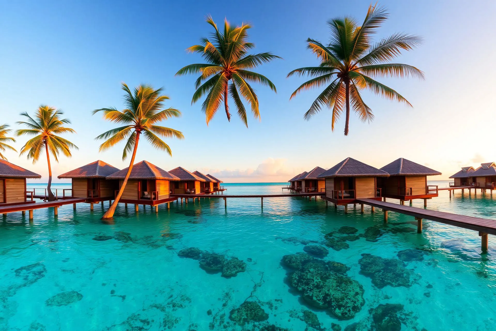 Maldives overwater villas beach view background
